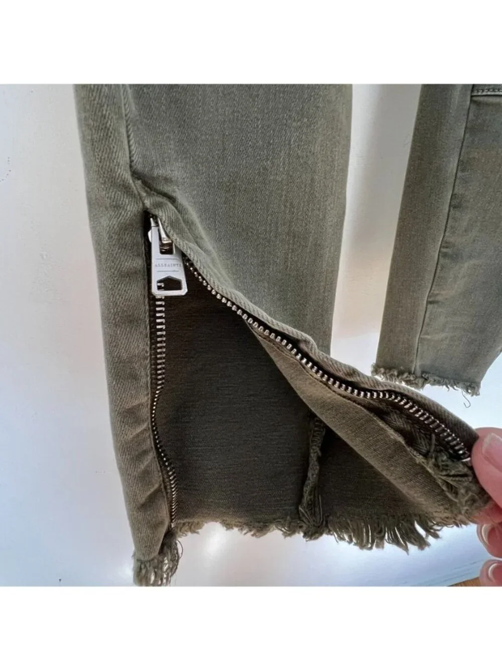 All Saints Womens Jeans Olive Green Military Distressed Indie Grunge Raw Hem - Picture 7 of 16